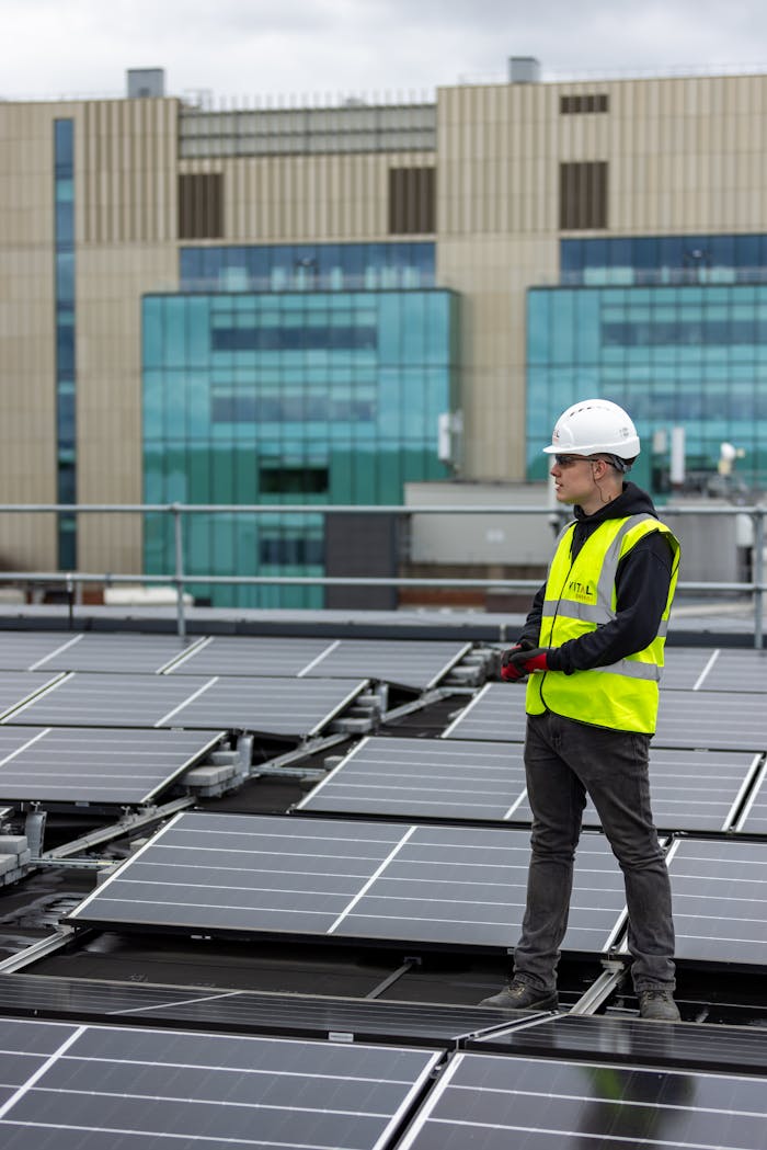 gallery-04 A worker in a safety vest and helmet inspects solar panels on an urban rooftop, promoting renewable energy.